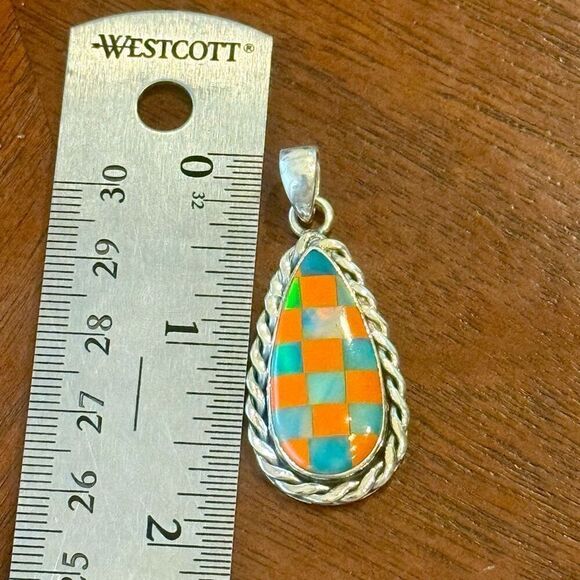 Stunning Aurora Opal Checkerboard Pendant 925 Sterling Silver Teardrop Framed - Picture 3 of 4